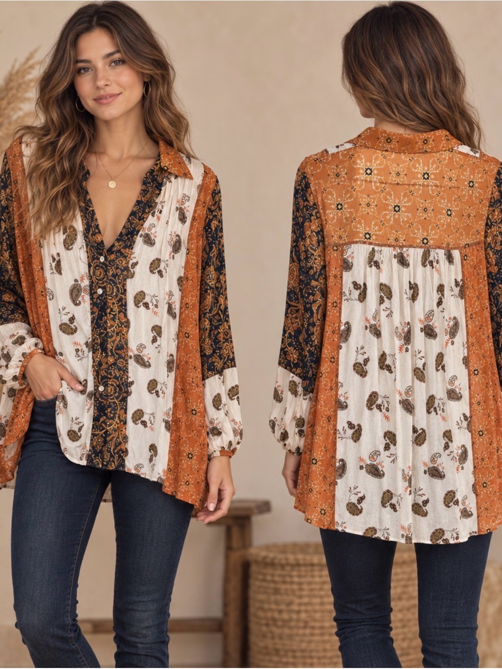 Rust Patchwork Button-Down Blouse (900890) 🍂 ☀️